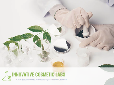 gloved hands mixing plant based ingredients (courtesy of Innovative Cosmetic Labs website)