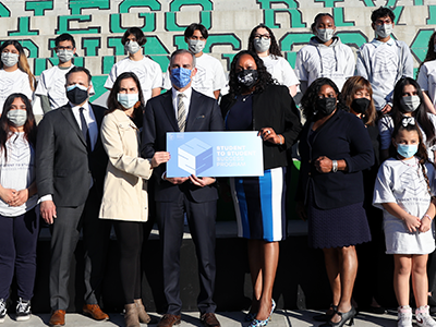 L.A. Mayor Eric Garcetti (center, front row) launches the Student2Student (S2S) program on January 24, 2022