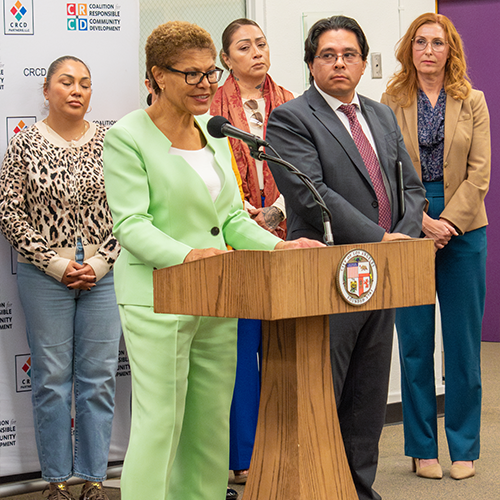 Mayor Bass, second from left standing at a podium, announces the launch of the CareerConnect program at a press conference on November 19, 2024