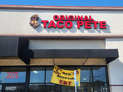 exterior of Original Taco Pete's on South Slauson Ave in South Los Angeles