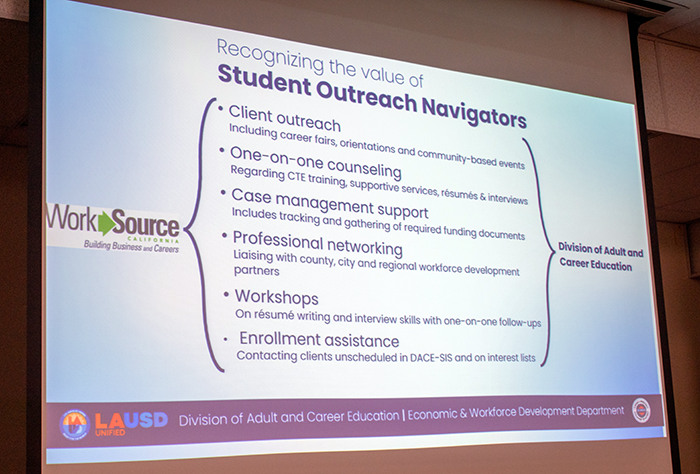 slide deck from the YouthSource Navigator Program presentation - recognizing the value of Student Outreach Navigators through client outreach, 1-to-1 counseling, case management support, professional networking, employment workshops and enrollment assistance