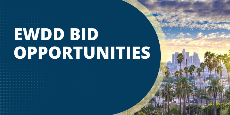 EWDD Bid Opportunities; pictured a southeast facing photo of downtown Los Angeles just before sunrise