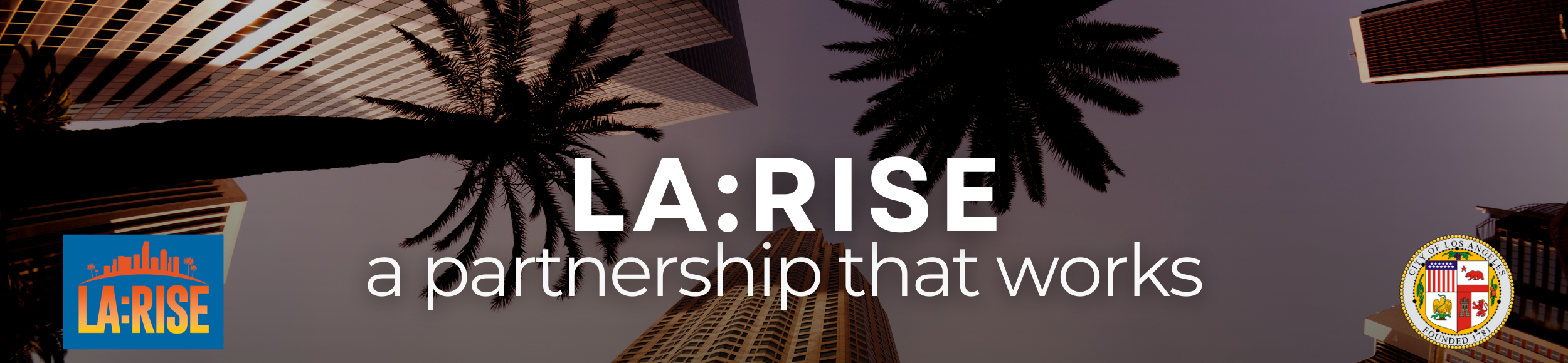 LA:RISE, a partnership that works: text overlaid on an image of the Downtown Los Angeles city skyline at sunset with palm trees in the foreground