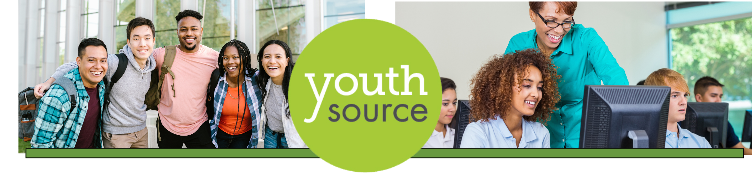 EWDD's YouthSource Program; left photo of four smiling, young college students; right photo of teenagers getting computer training