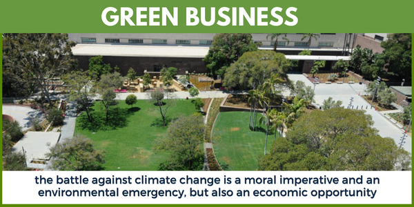 Green Business in LA, the battle against climate change is a moral imperative and an environmental emergency, but also an economic opportunity; image of Fletcher Bowron Square in DTLA