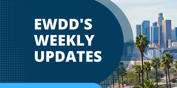 EWDD Weekly Updates text with a downtown Los Angeles cityscape and EWDD logo
