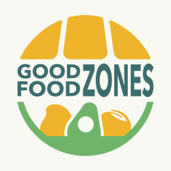 Good Food Zones logo: program name in circle with an illustrated shop shade on top and fresh fruit icons underneath