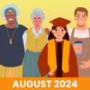 Updates Newsletter for August 2024; illustrations of two elderly Black and white women, a young Latin woman graduating college and an ethnically ambiguous young man barista