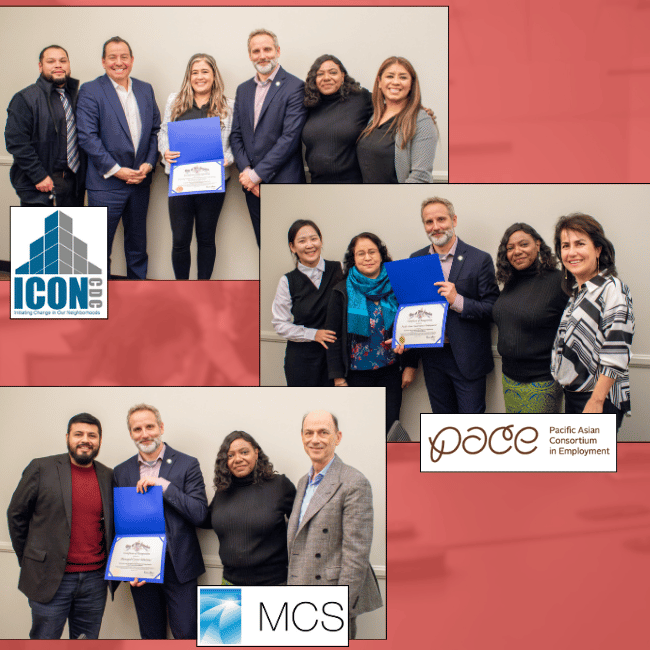 pictured top to bottom: leaders from BusinessSource operators Initiating Change in Our Neighborhoods (ICON), Pacific Asian Consortium in Employment (PACE), and Managed Career Solutions (MCS), were celebrated as the top three performing BusinessSource operators at EWDD’s 2024 Annual BusinessSource Centers and Partners Meeting