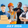 image of four diverse adults representing different jobs (logistics, commercial construction, law enforcement and hospitality) over a blue gradient background with the words July 2024 across the bottom